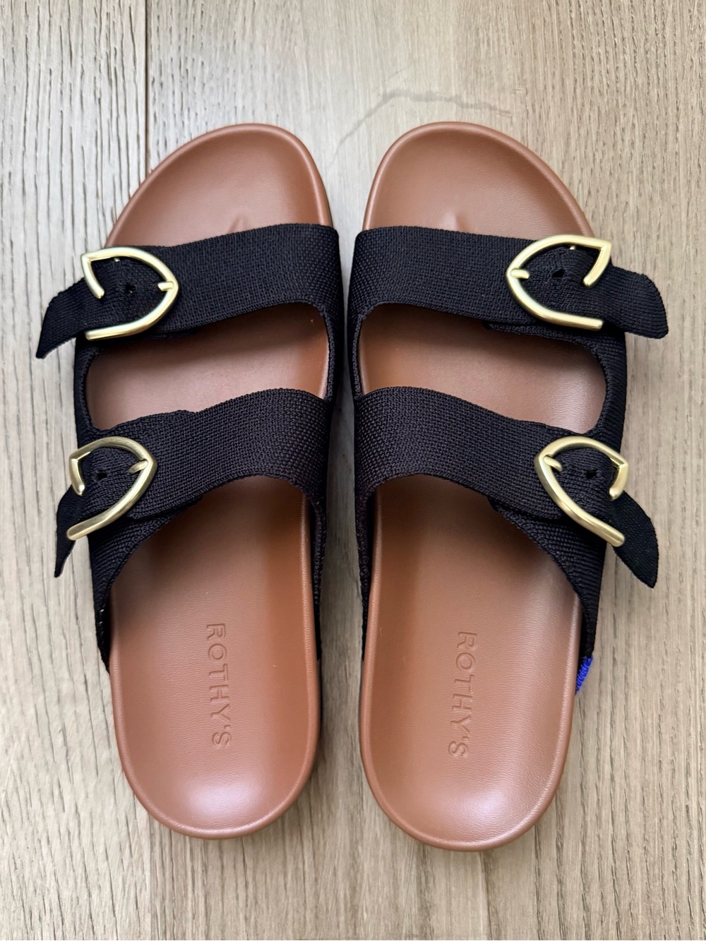 Rothy’s The Buckle Slide Double Black Strap Gold Tortoise Soles 9.5 - Picture 2 of 8